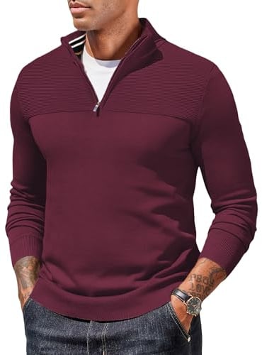 COOFANDY Jersey de Cuello Alto para Hombre con Cremallera Rojo Oscuro L | Suéter para Invierno, Suéter Manga Larga 1/4 Zip, Jersey de punto, Estilo informal
