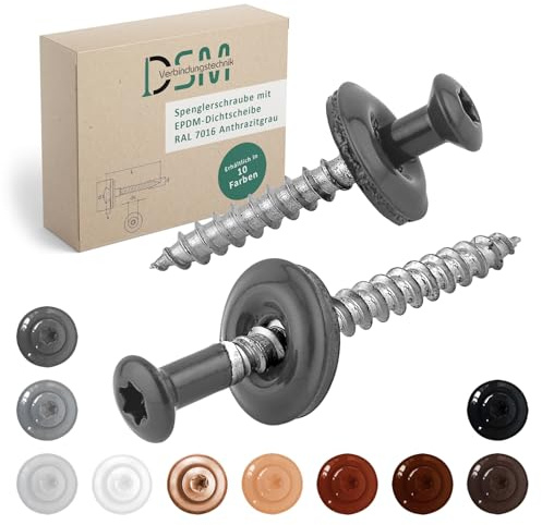 DSM – Spenglerschrauben Anthrazit 4,5 x 35 mm – Edelstahl A2 – 25 Stück | mit Dichtscheibe EPDM (15mm) & Torx TX20 – ähnl. DIN 7995 / DIN 9171 [TrueSpec Präzision] Dachschrauben Trapezblechschrauben