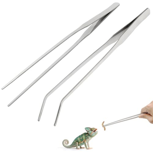 Syn-zer 2PCS Stainless Steel Reptile Feeding Tongs, 10.6 inch Straight and Curved Tweezers for Aquarium, Terrarium & Crafts Bearded Dragon Snake Tank Accessories, Planted Tank Tools Feeder for Lizards
