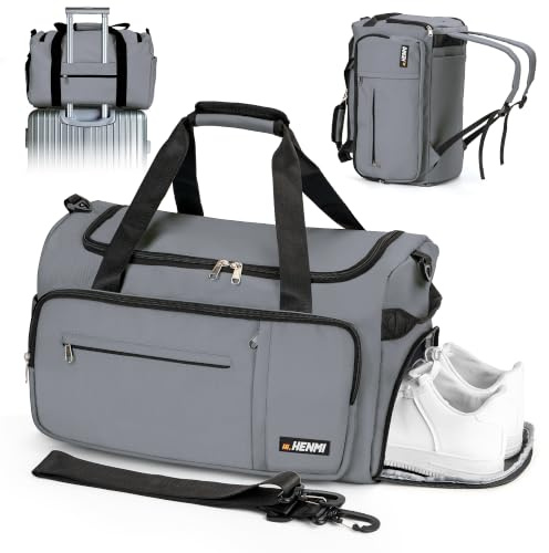HENMI 43L Sporttasche & Reisetasche für Herren und Damen(Grau) | Groß gymbag mit Schuhfach & Nassfach, Faltbare Gym Tasche für Sport und Travel.Sport Tasche, Fitness Rucksack Trainingstasche
