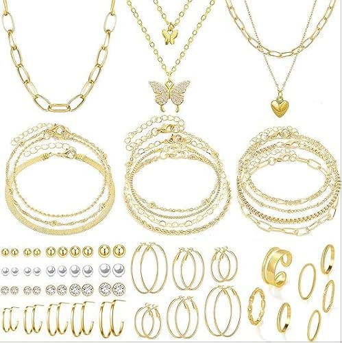 CHarmeFleur 47 Stücke Gold Schmuck Set Mit 3 Stücke Halskette 11 Stücke Armband 20 Stücke Creolen Ohrstecker 7 Stücke Ringe Set Für Frauen Zum
