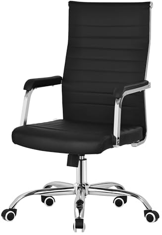 ML-Design Bürostuhl ergonomisch, Schwarz, Höhenverstellbarer Schreibtischstuhl mit Armlehnen, Computerstuhl aus Kunstleder mit verchromtem Stahlgestell, Wippfunktion, Drehstuhl mit Rollen, Chefsessel