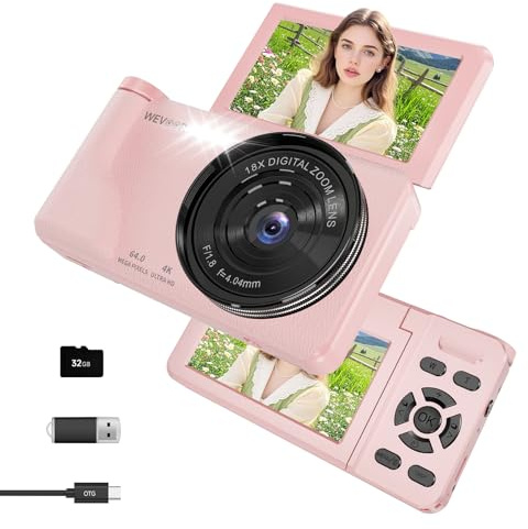 Macchina Fotografica Digitale 4K 64MP, Schermo Ribaltabile a 180° e 3” | Fotocamera Compatta, 32GB Memoria, Zoom Digitale 18x, Batteria da 2000 mAh, Principianti Adolescen Bambini - Rosa