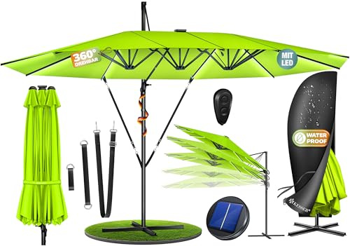 KESSER® Parasol double 4,6 m x 2,7 m - Parasol déporté - Couverture et protection contre le vent - Avec manivelle et support - En aluminium déperlant - Inclinable à 360° - Vert clair avec LED - Mit