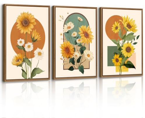 3 Pcs Boho Orange Gelbe Sonnenblumen Mit Rahmen Leinwand Bilder, Natur Botanische Blumen Bild Auf Leinwandbild Schlafzimmer Gelbgrünes Blumenblatt Wandbilder Wanddeko für Wohnzimmer Büro 30X40cmX3