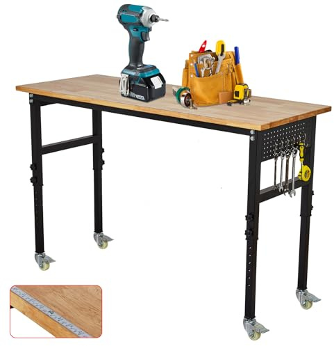 Garvee Heavy Duty Workbench 1000kg Capacity, 122 x 61cm Adjustable Height Work Bench with Hardwood Top, Mobile Garage Workbench with Lockable Wheels, 8-Level Height (75-100cm) & Measurement Scale