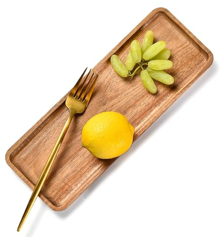Wooden Serving Tray 30x10.5cm, Rectangle Acacia Wood Vanity Tray for Home | Solid Natural Material, Raised Convex Edge, Smooth Polished Surface, for Snacks Tea Service and Bathroom Organizing