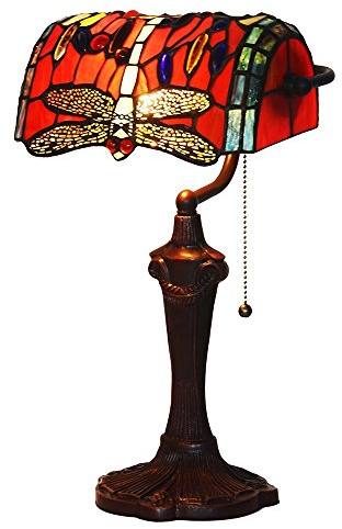 Bieye L10057 Libelle, Tiffany-Stil, Buntglas, Banker-Schreibtischlampe, Tischlampe zum Lesen, Arbeiten, Heimdekoration, 25,4 cm B x 40,6 cm H (rot)