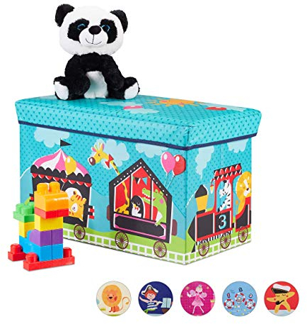 Relaxdays, Circus Sitzbox Kinder, Faltbare Aufbewahrungsbox mit Stauraum, Deckel, Zirkus Motiv, Jungen & Mädchen, 50 l, türkis, Polyester, Pappe. MDF
