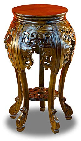 Kinaree Handgefertigter Mahagoni Beistelltisch Xiamen – Massivholz Tisch aus Indonesien, asiatischer Hocker im Retro-Stil – geschnitzter Holztisch rund, edel verarbeitet