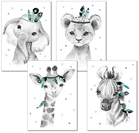 LALELU-Prints | A4 Bilder Kinderzimmer Deko Mädchen Junge | Zauberhafte Indianer-Tiere Boho Feder mint | Poster Babyzimmer | 4er Set Kinderbilder (DIN A4 ohne Rahmen)