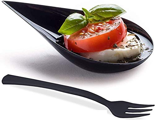 DLux 100 4-in Tear Drop Mini Appetizer Plates with Forks, re-usable Black Plastic Spoons - Desserts and Appetizers Dishes Serving Plate - Asian Spoon Set, Small Catering Dessert Tasting Cups