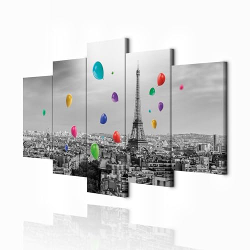 decomonkey Bilder Paris 225x112.5 cm 5 Teilig Leinwandbilder Wandbild Stadt | Strukturleinwand, Holzkeilrahmen, Bild auf Leinwand, Kunstdruck, Wanddeko, Wohnzimmer, Wanddekoration, Eiffelturm
