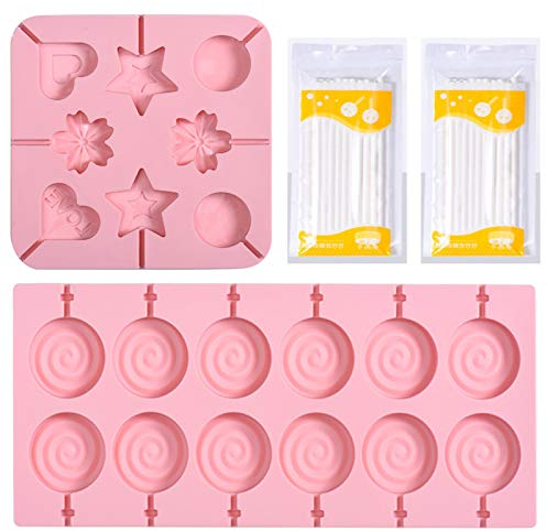 2PCS Moule à Sucette en Silicone, Lollypop Moule de Cuisson, Moules à Lollipop Antiadhésif en Silicone, avec 40 Bâton, pour Faire des Chocolats, des Biscuits, des Sucettes (Rose)