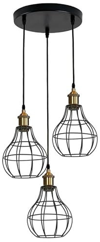 LEDSone Modern Retro 3 Way Ceiling Pendant Light Cluster Light Fitting Black Vase Cage Lampshade Style Home Yellow Brass E27 Lighting Kit - 1 Pack