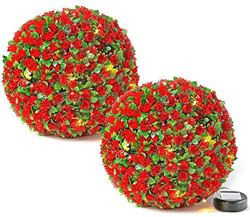 Greenfields 28cm Solar Powered Decorative Topiary Hanging Flower Balls in Rose Red with 20 LED – Flashing or Static Functionality, UV Fade Protected and Weatherproof (2 Red)