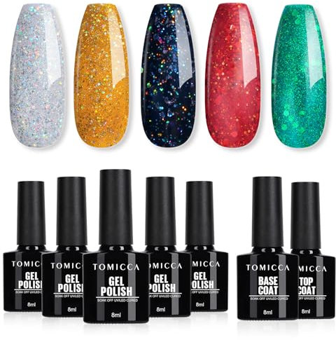 TOMICCA Gel Nail Polish, 7Pcs Christmas Gel Nail Polish Set with Base & No Wipe Top Coat, Glitter Silvery Gold Black Red Green Soak Off UV/LED, Winter Nail Varnish Manicure Set Home Salon, 8ml