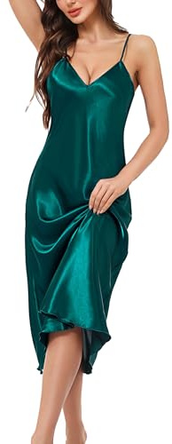 Litherday Women Satin Nightdress Lingerie Babydoll Silk Full Slips Long Negligees Chemise Nighty Nightwear Nightgown Dress(Dark Green,L