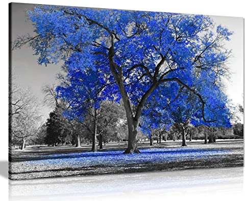 Large Tree Blue Leaves Black White Nature Canvas Wall Art Picture Print Home Decor 46x31 cm (18x12in)