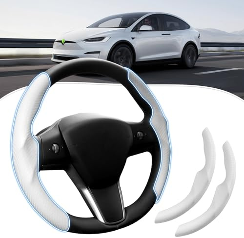 Canvcle Kompatibel mit Kohlefaser-Lenkradbezug Tesla Modell 3 2017–2023/Modell Y 2020–2023 Lenkradbezug Schutz weiß für Damen und Herren, rutschfest, 2 Stück