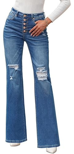 Roskiky Jeans da donna a vita alta, jeans da donna con fori, elasticizzati, Blu, L