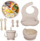 Hoidokly Vajilla Bebe de Silicona, 8 Piezas Plato con Ventosa Cuenco de Succión Babero Ajustable y Cuchara Juego de Vajilla Alimentación Infantil, sin BPA - Marrón Claro