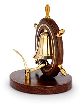NKlaus Maritim Tischglocke im Steuerrad 12,5x10x13cm aus Messing und Holzgriff Deko 11589