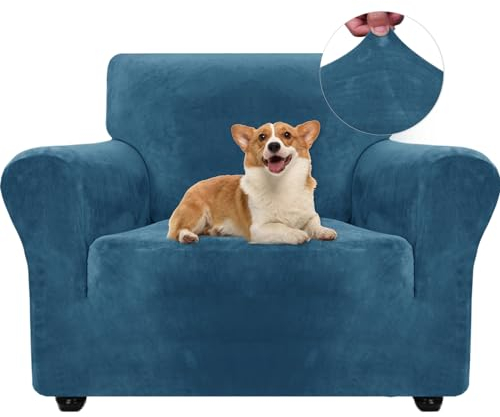 Ystyle Samt Sofabezug 1 Sitzer, Stretch Sofa Überzug, Sofaschoner rutschfest, Elastischer Couch Überzug, Sofa Cover Mit Armlehnen, Sesselschoner Sofaschutz Katze Sesselbezug, Pfau Blau