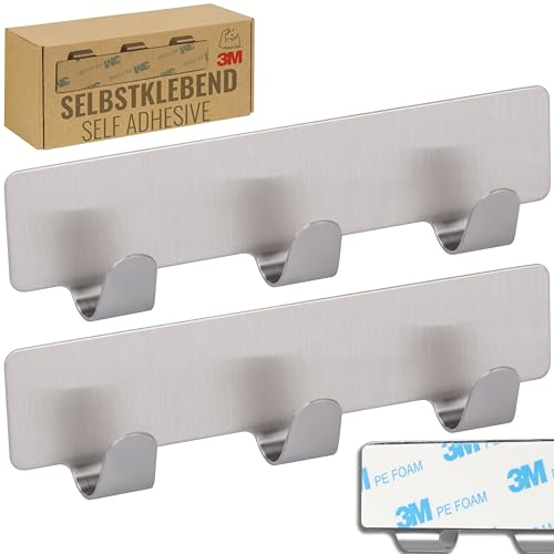 RICOO 2er Set Hakenleiste mit 3 Haken, Handtuchhaken ohne Bohren, Kleiderhaken Selbstklebend, MH020-2, Badezimmerhaken, 12 cm, Klebehaken, Wandhaken, Haken zum Kleben, Edelstahl, Silber