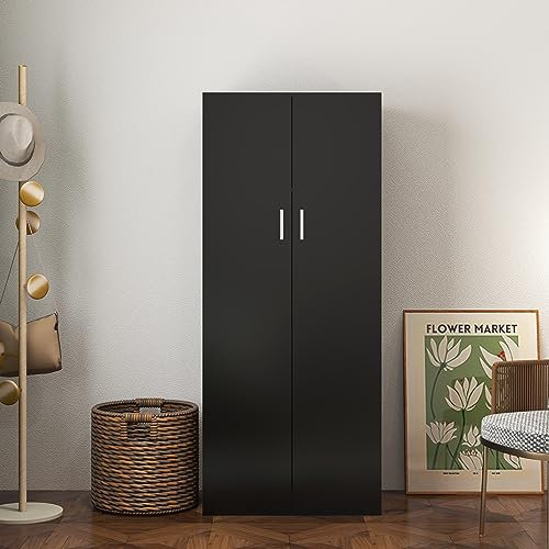 2 Door 1 Storage Shelf Wardrobe with Hanging Rail Wooden Clothes Storage Cupboards Unit for Bedroom Furniture 72 x 49 x 169cm (Black)