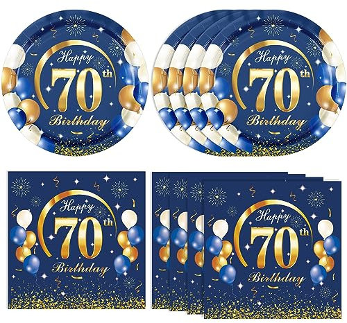 40PCS 70 th Birthday Decorations For Men Navy Blue and Gold Happy Birthday Party Decorations Include Plates Napkins for 70th Birthday Anniversary Party Supplies Decor