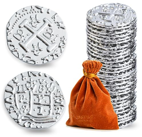 Metal Pirate Coins, Prefdo 35PCS Silver Treasure Coin Set Spanish Doubloon Replicas Fantasy Metal Coins Pirate Gold Coins for Board Games Tokens Pirate Party Cosplay, 1.18in