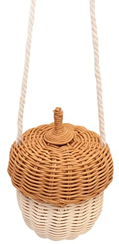 Tissting Schulter Crossbody Korbtasche 16cm Eichel Korbtasche Kleine Handgefertigter Rattan Aufbewahrungskorb mit Deckel, Wandbehang Deko Gewebte Korb Tasche für Kinder