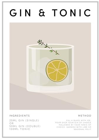 ETEKNIC Kitchen Wall Art Gin And Tonic Classic Cocktail Poster Mixology Recipe Drinks Print Home Bar Accessories Dining Room Decor Sign Gifts (A3, Print Only)
