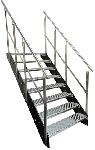Kaminbau Mierzwa Premium Stahl Treppe W2 mit beidseitigem Geländer/Wangen in Anthrazit RAL 7016/8 Stufen (Breite wählbar) (Höhe 152 cm) Wetterfest Gitterroststufe Gartentreppe