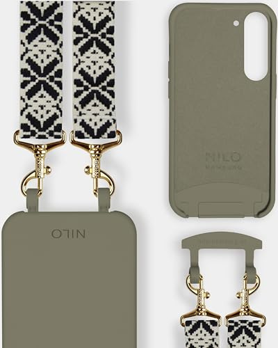 NILO® Set | Handyhülle mit Band, Handyband Black Mattatang mit Oliver Handyhülle für Samsung S23 Plus | hochwertige Handykette, verstellbar, mit Karabiner Gold