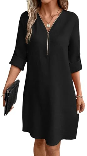 YUTILA Damen V-Ausschnitt Hemdblusenkleid 3/4 arm Knielang Einfarbig Casual a Linien Herbst Freizeitkleider mit Taschen