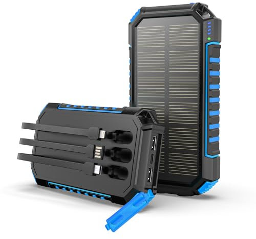 Cargador Solar 27000mAh Power Bank - Hiluckey 15W Portátil Batería Externa Solar con 3 Cables y 3 Puertos Carga Rápida USB C para Smartphones, Tabletas y Acampar al Aire Libre