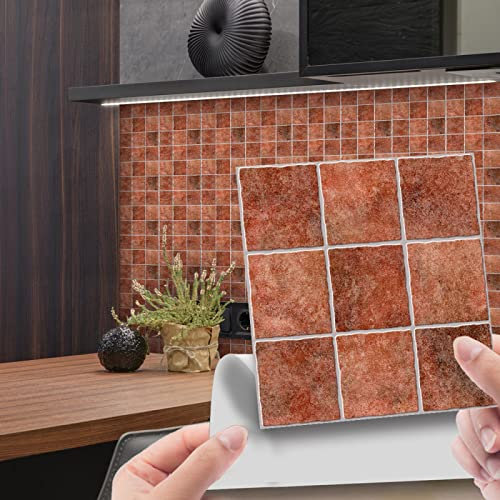 Dunxiles Fliesenaufkleber Rot-Braunes Mosaik zum Aufkleben Auf Fliesen PVC Selbstklebende Wandfliesen Küchentapete DIY Abziehen und Aufkleben Bodenfliesen 10 Pcs (10 x 10 cm)