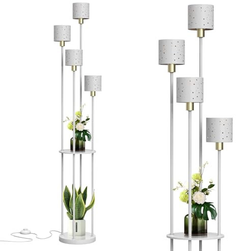 YU YUSING Stehlampe Wohnzimmer, 4-Flammige Stehleuchte mit Regal, Modern Standleuchte mit E14 Fassung, Lampenschirm Fußschalter, Innenbeleuchtung für Whonzimmer Schlafzimmer Büro, 1.6m Weiß