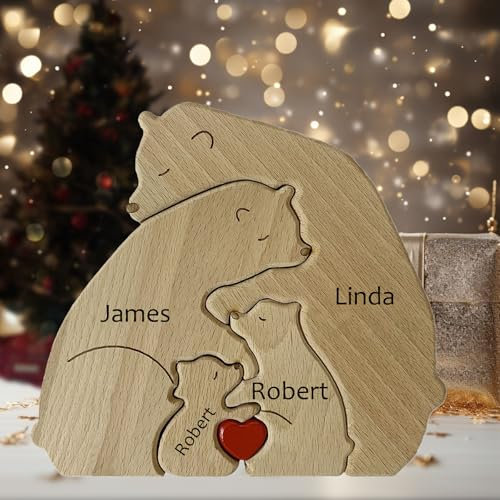 Custom Wooden Bear Puzzle - Personalised Engraved Family Name Gift for 2-8 Last Names | Mother's Day, Father's Day, Christmas & Housewarming Present (Style 1)