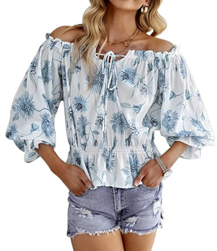 YNIQUE Women's Off Shoulder Blouse Long Lantern Sleeves Ladies Tops Summer Floral Print Casual Ruffles T Shirts Fall 2024 Blue