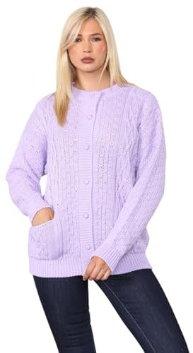 Crazy Fashion Women’s Long Sleeve Winter Chunky Cable Knit Front Button Top Long Sleeve Aran Crew Neck Warm 7 Button Knitted Cardigan Ladies Sweater (Lilac,12)