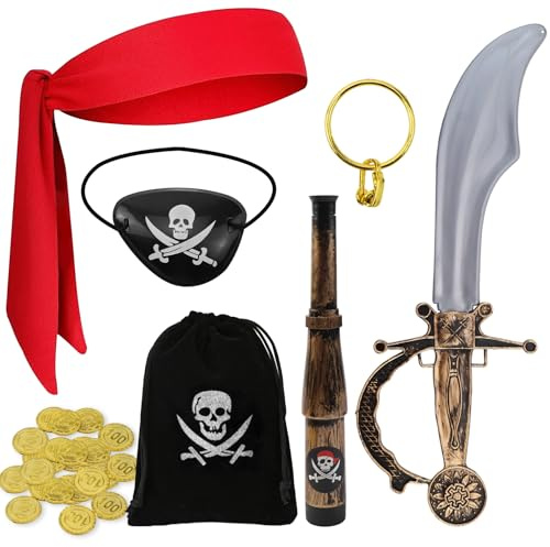Raxfekro Piratenkostüm Kinder 7-Teiliges Set, Unisex Kids Kostüm Pirat, Geeignet für Kinder, Die An Karneval in Die Rolle Eines Piraten Schlüpfen