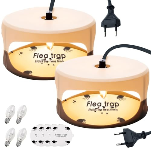 2 PCS Flohfalle für Wohnung – LED Flohlichtfalle mit 4 Ersatz-Stickern & 4 LED-Birnen (2 Ersatz), Testsieger gegen Flöhe, Läuse, Mücken – Für Schlafzimmer, Küche, Kinderzimmer