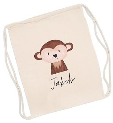 wunderwunsch Turnbeutel personalisiert, Sportbeutel Kinder, Personalisierte Sporttasche Kindergartenkind, Schulranzen Name, Kiga Beutel individualisiert mit deinem Namen (Affe)