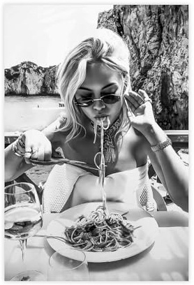 SFQQE Poster auf Leinwand, Motiv: Italienische Frau, die Spaghetti isst, Schlafzimmer, Dekoration, Landschaft, Büro, Raumdekoration, Geschenk, 40 x 60 cm