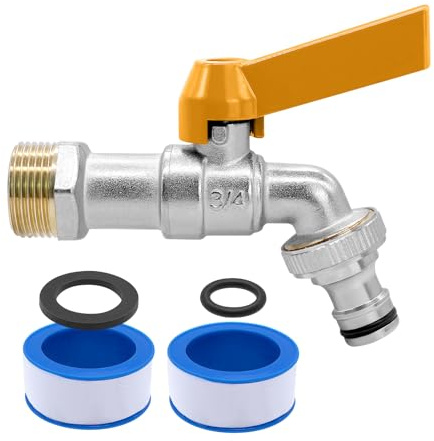 AIMEKE 3/4 Zoll Wasserhahn Garten Messing Kugelhahn Aussen | Frostsicher -20℃ Auslaufhahn Hitzebeständig 120℃ Außenwasserhahn mit Schlauchanschlüsse (Gelb-B)