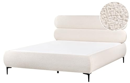 Beliani Classic Minimalist EU King Size Boucle Bed Frame 5ft3 Wingback Headboard Black Metal Legs Bedroom Off-White Lessay