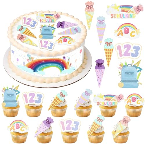 Tortendeko Einschulung Essbar,48 Stück Cupcake Topper Einschulung Essbar